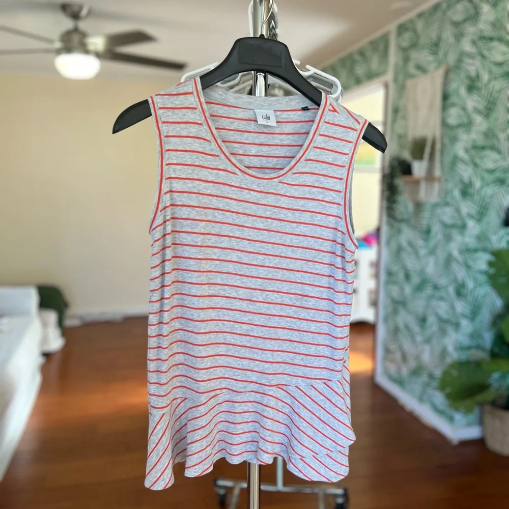 Cabi Gray Grey Orange Stripe Peplum Ruffle Tank Shirt Sleeveless Top 533 Sz S - Picture 4 of 7